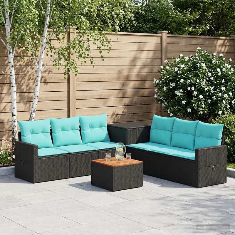 divano Set 8 pz. nero e blu polyrattan e acciaio