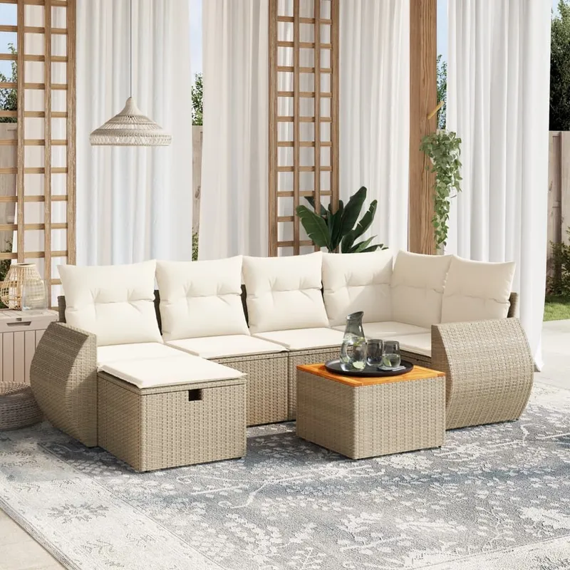 7-tlg. set divano da giardino con cuscini Beige Poly Rattan