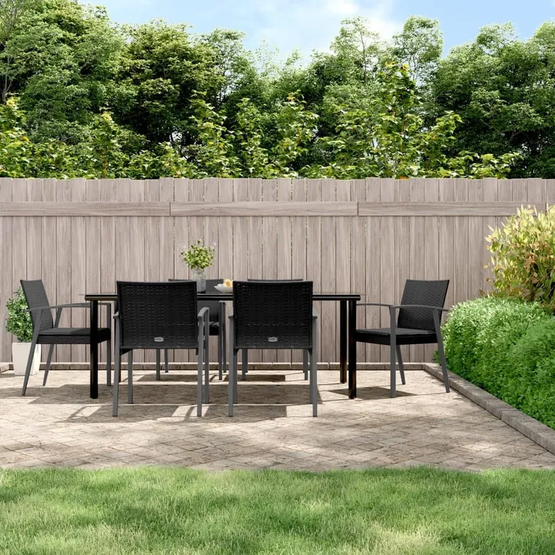 7 pz. set pranzo da giardino con cuscini Poly Rattan e acciaio