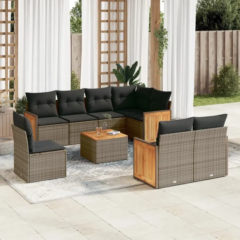 9-tlg. set divano da giardino con cuscini grigio Poly Rattan