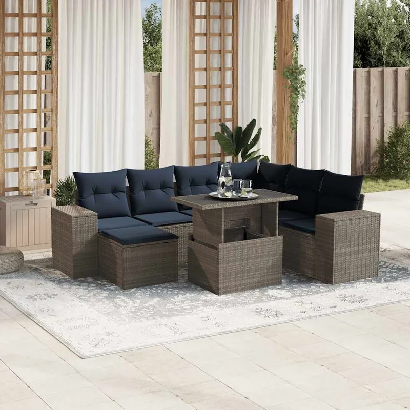 8-teiliges Gartensofa-Set mit Kissen, grau, Polyrattan