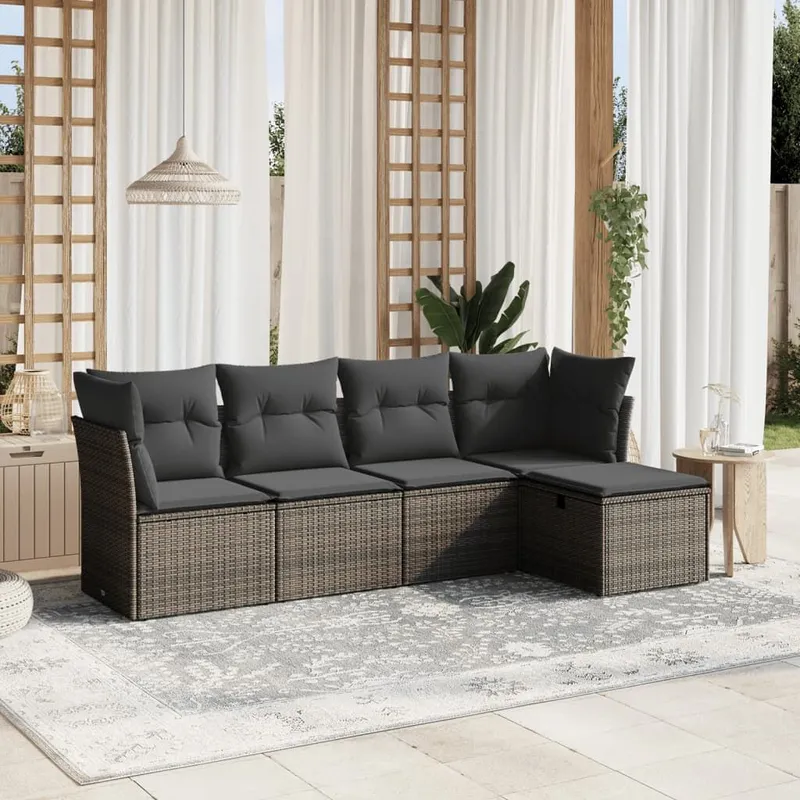 5-tlg. set divano da giardino con cuscini grigio Poly Rattan