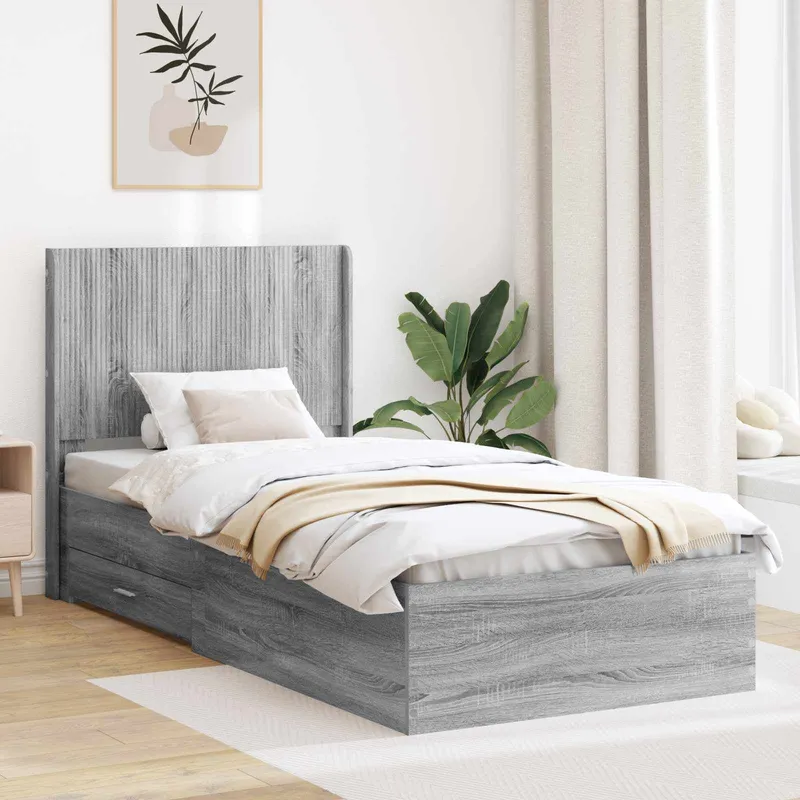 Bettgestell mit Stauraum und Kopfteil Grau Sonoma 75 x 190 cm