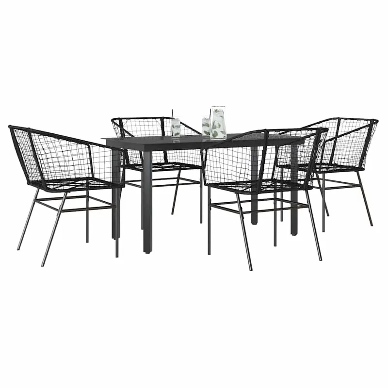 5 pezzi Garten-Esszimmerset in schwarzem polyrattanvetro
