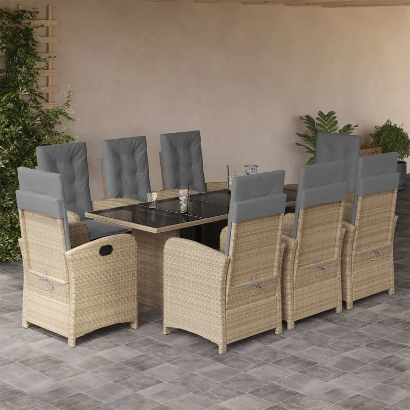 9 pcs garden dining set with cushions Beigemischung Poly Rattan