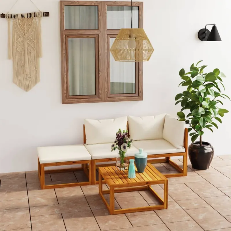 4-tlg. Garten-Lounge-Set mit Auflagen Creme legno massiccio acacia