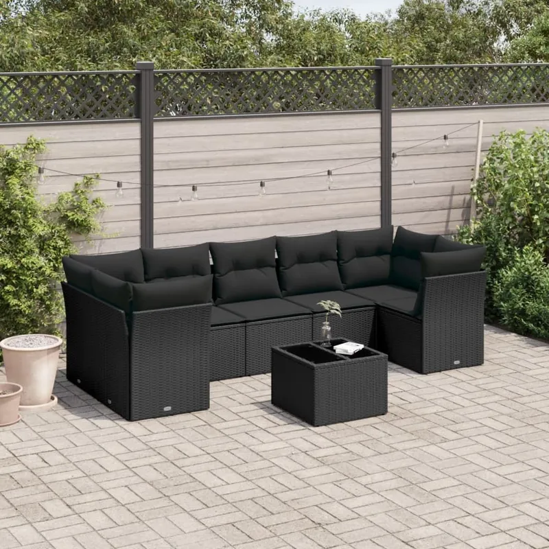 8-tlg. garden sofa set with cushions black Poly Rattan