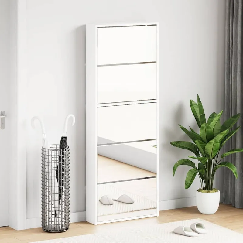 Schuhschrank mit 5 Fächern Spiegel Weiß 63×17×169,5 cm