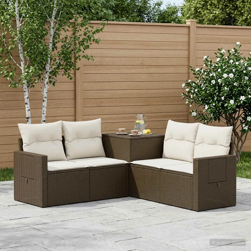 divano Set 5 pz. marrone e crema bianco polyrattan e acciaio