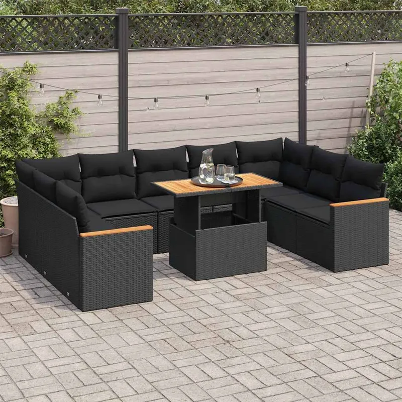 10-tlg. set divano da giardino con cuscini nero Poly Rattan