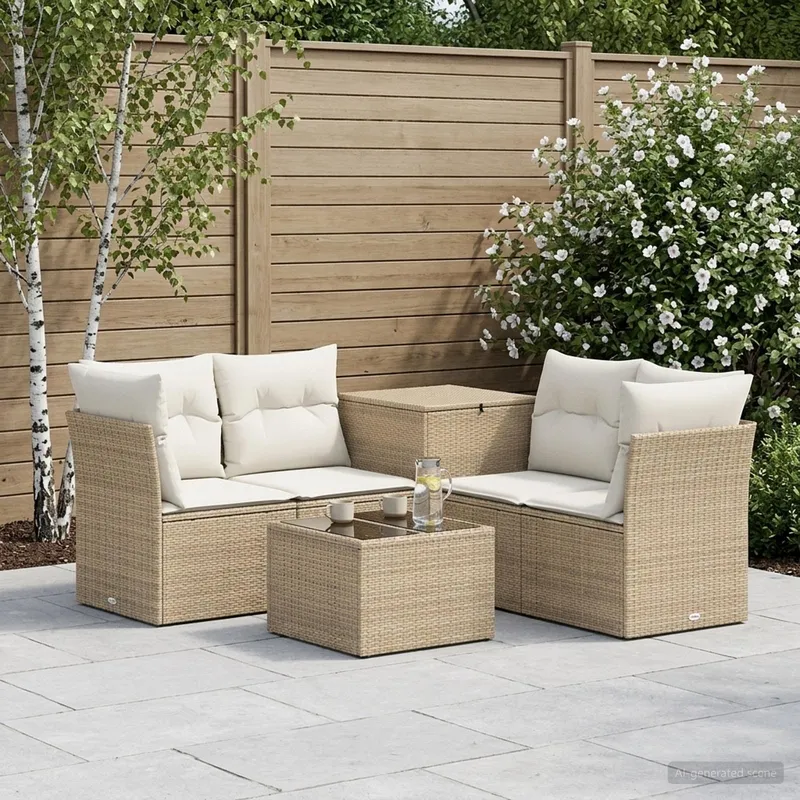 Sofa Set 6 stk. Beige und Cremeweiß Polyrattan und Stahl