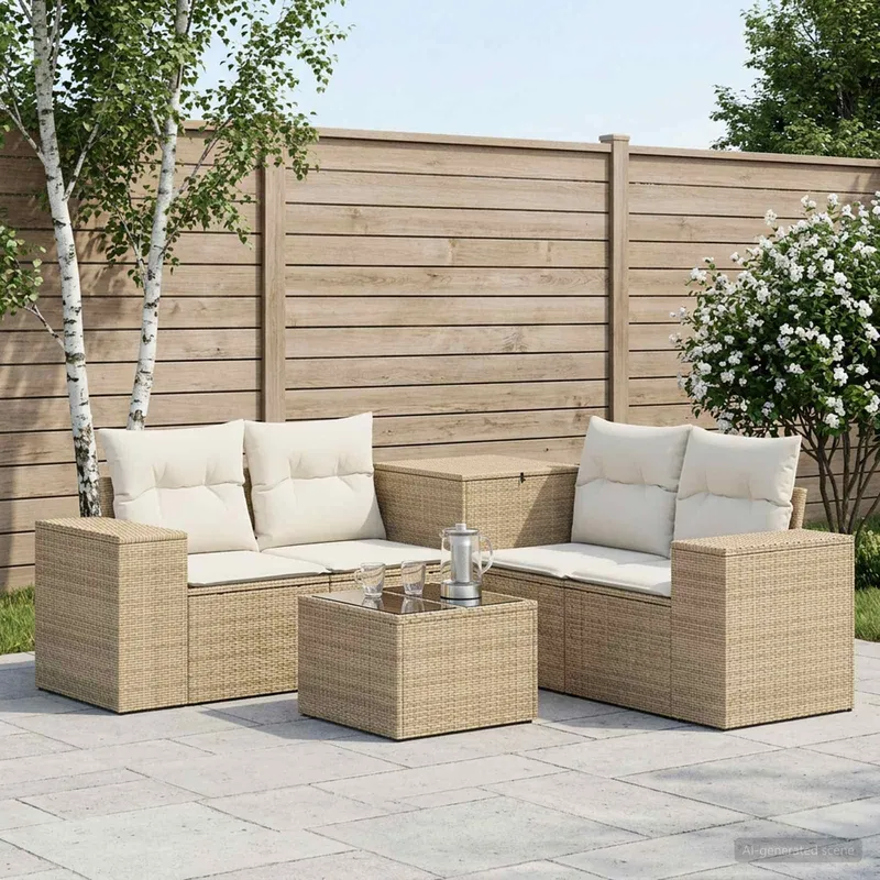 divano Set 6 pz. beige e bianco crema polyrattan e acciaio