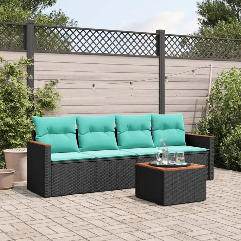5-teiliges Gartensofa-Set mit Kissen, schwarzes Polyrattan