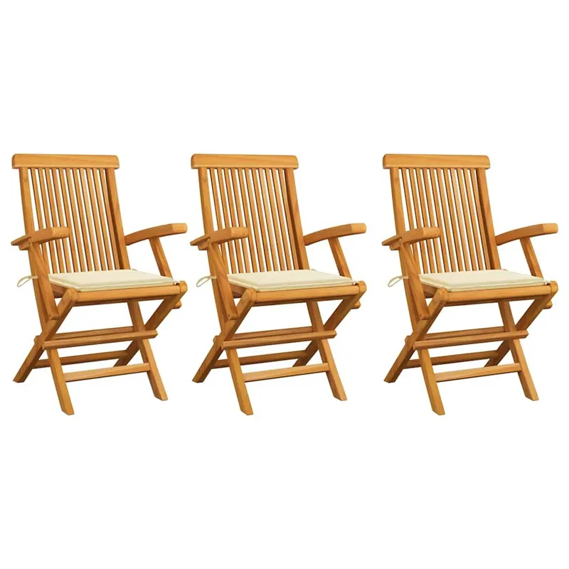 Klappstühle mit cremefarbenen Kissen, 3-teilig, Massivholz Teakholz