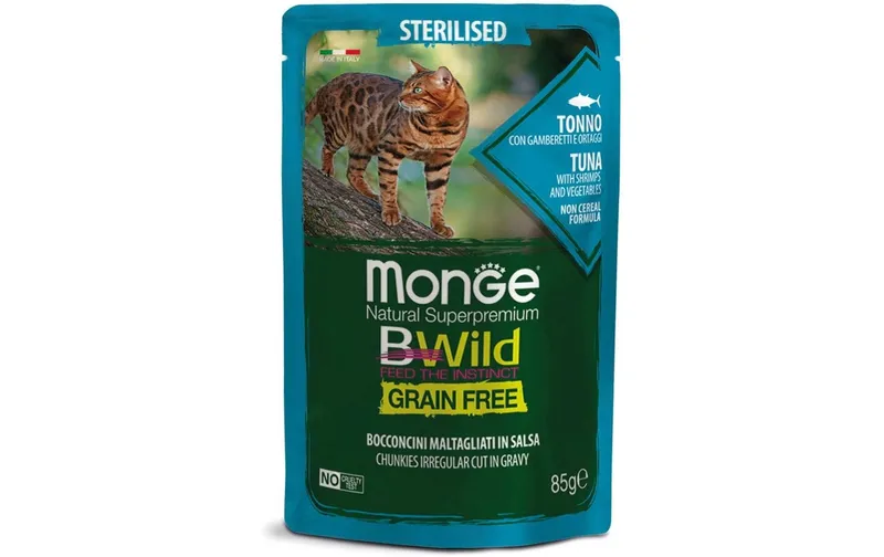 Monge Nassfutter Katze Bwild GF Sterilisiert Thun & Shrimp 85g