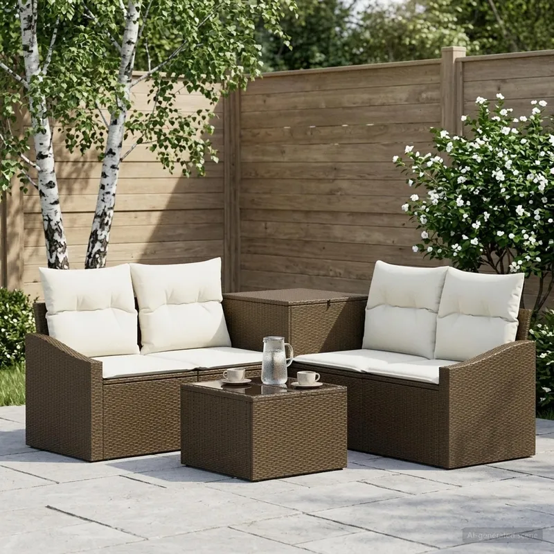 Sofa Set 6 stk. Braun und Creme Weiß Polyrattan und Stahl