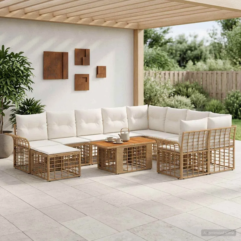 Gartensofa-set 11 stk. Natürlich e Cremweiß Poly-Rattan
