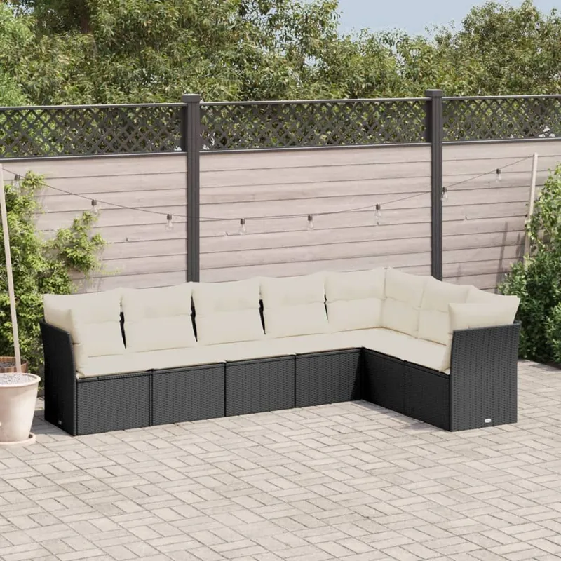 7-tlg. set divano da giardino con cuscini nero Poly Rattan