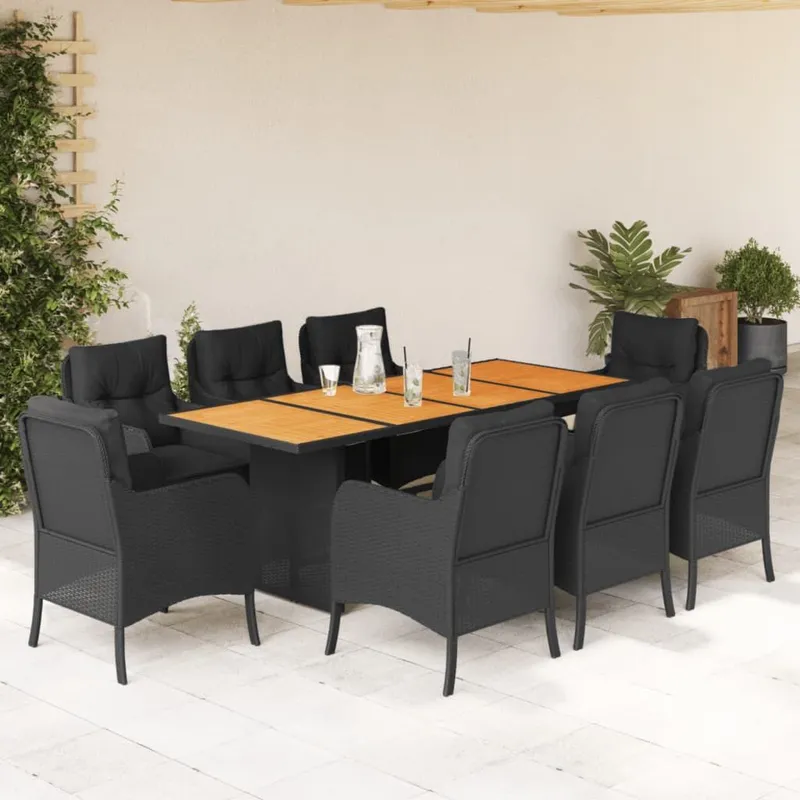 9-tlg. Garten-Essgruppe con Kissen nero Poly Rattan