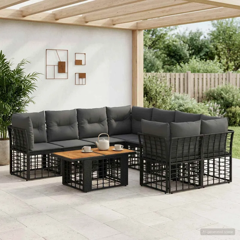 Ensemble de canapé de jardin 9 pc Noir et Gris foncé polyrotin