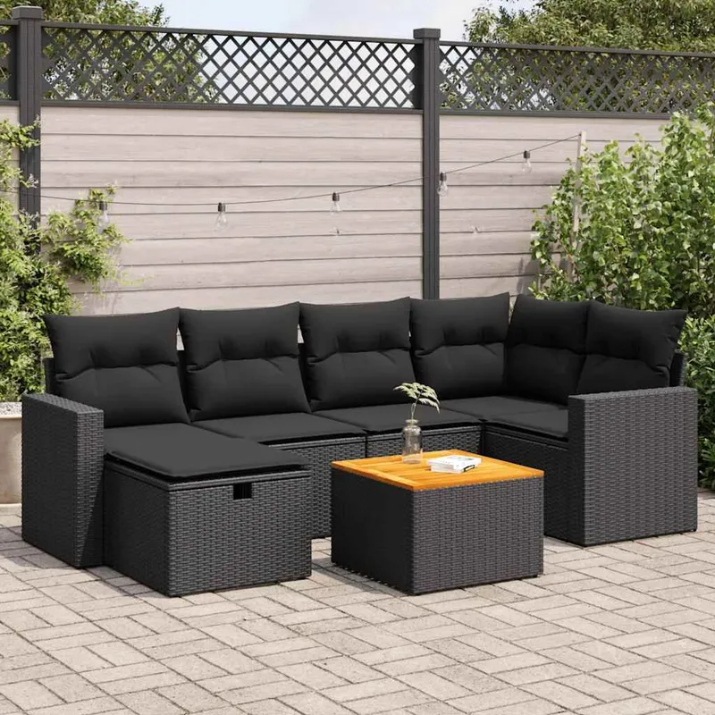 7-tlg. set divano da giardino con cuscini nero Poly Rattan