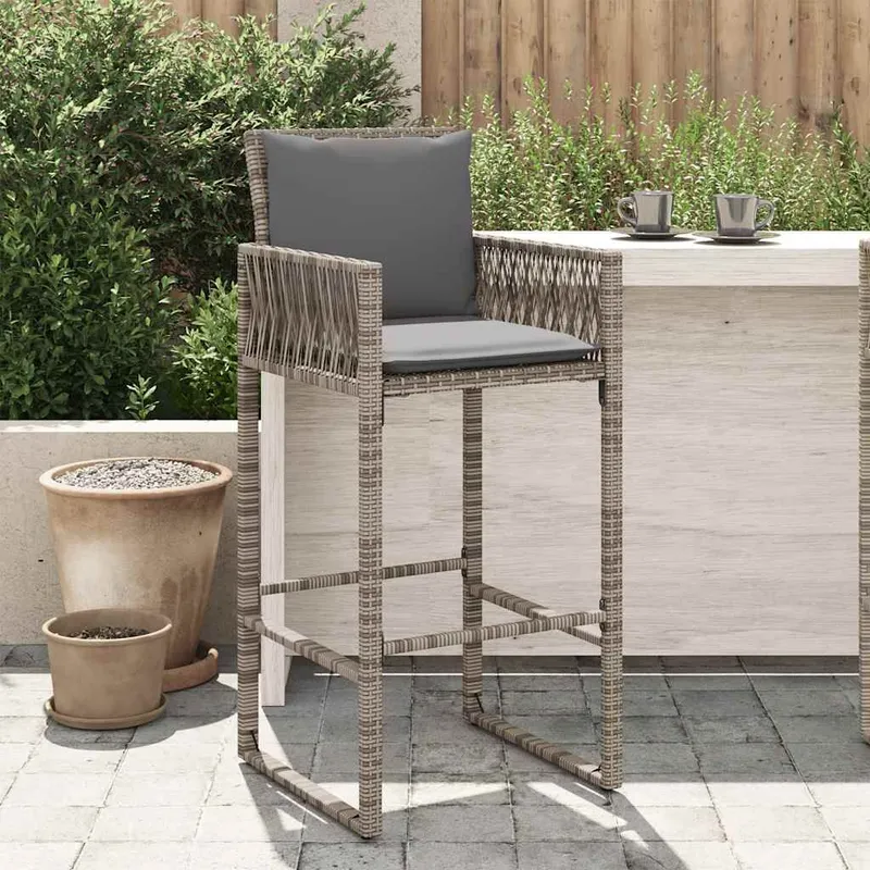 Garten-Barhocker mit Kissen 2 Stk. Grau Poly Rattan