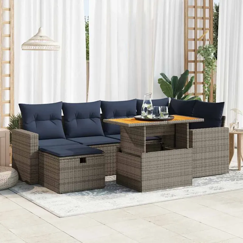 7-tlg. set divano da giardino con cuscini nero Poly Rattan