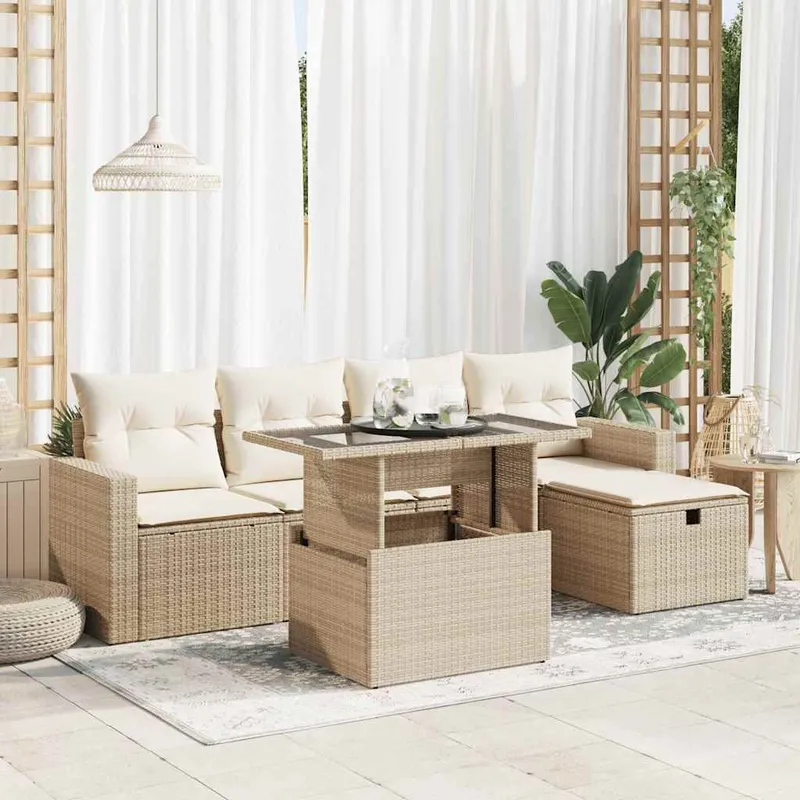 6-tlg. set divano da giardino con cuscini Beige Poly Rattan