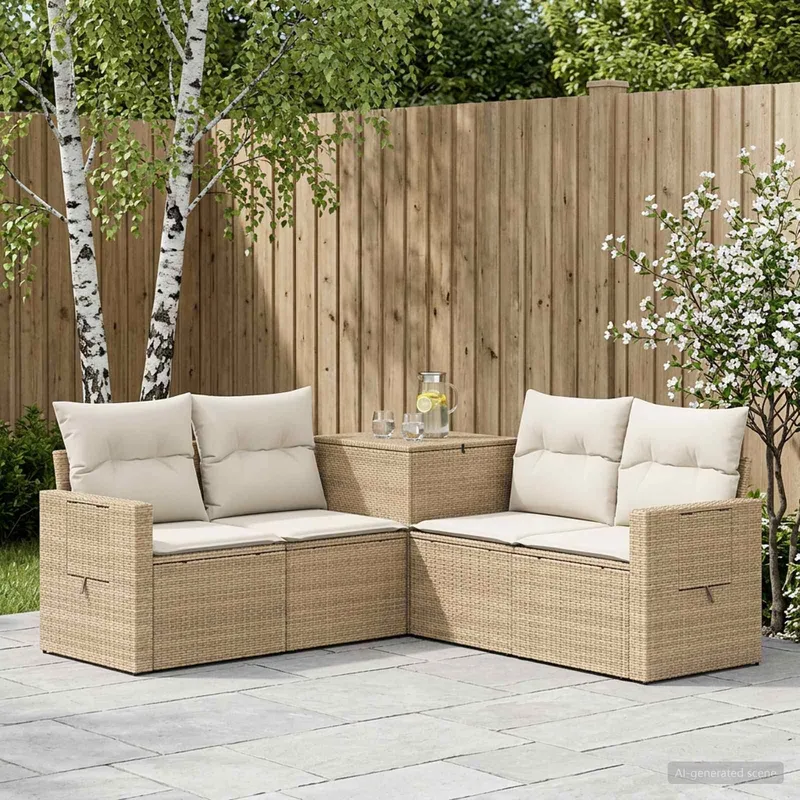 divano Set 5 pz. beige e bianco crema polyrattan e acciaio