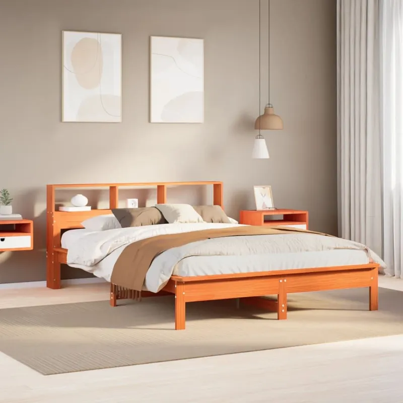 letto in legno massiccio con scaffale senza materasso marrone cerato 120x190 cm