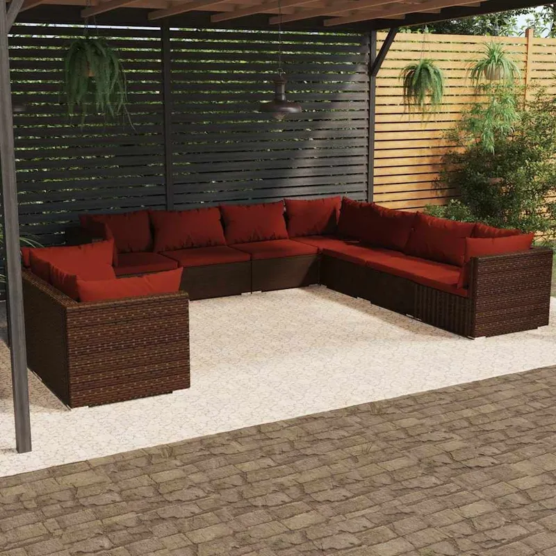9-tlg. Garten-Lounge-Set mit Kissen Braun Poly Rattan