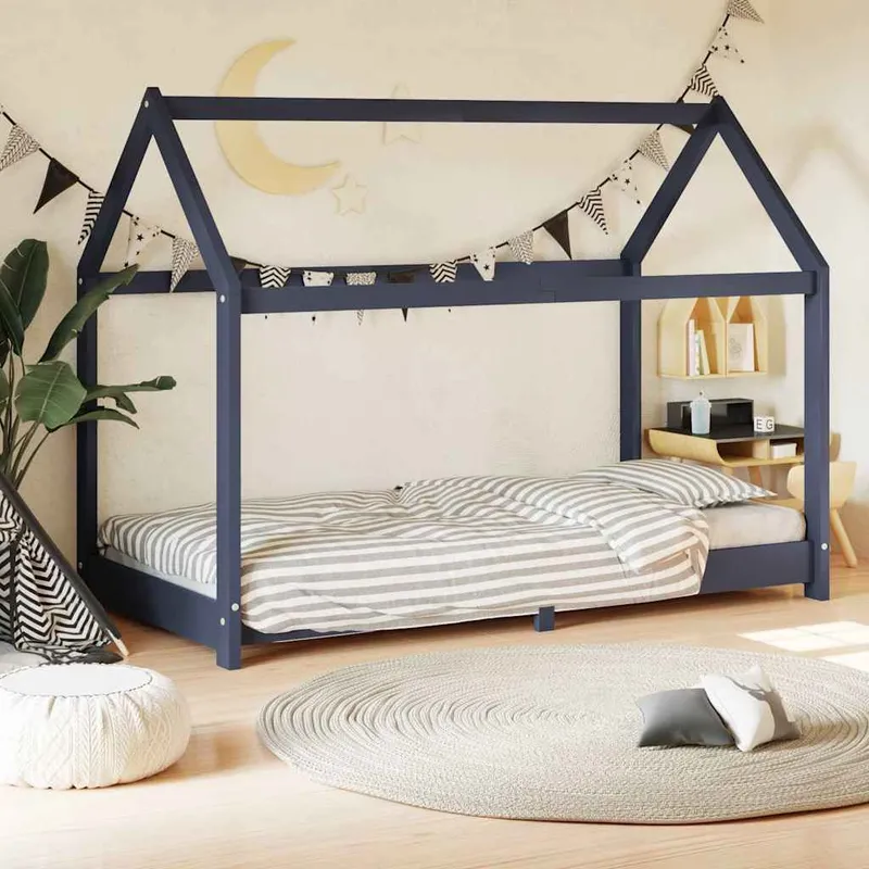 Kinder-Bettgestell grey solid pine wood 80 x 160 cm