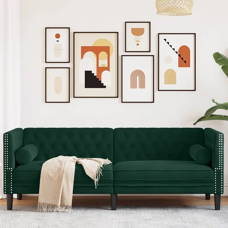 Chesterfield-Sofa mit Nackenrollen 3-Sitzer Dunkelgrün Samt