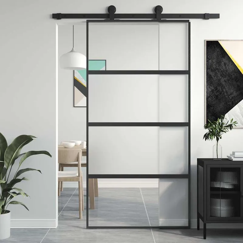 Porte coulissante noir 102,5x205 cm verre trempé aluminium