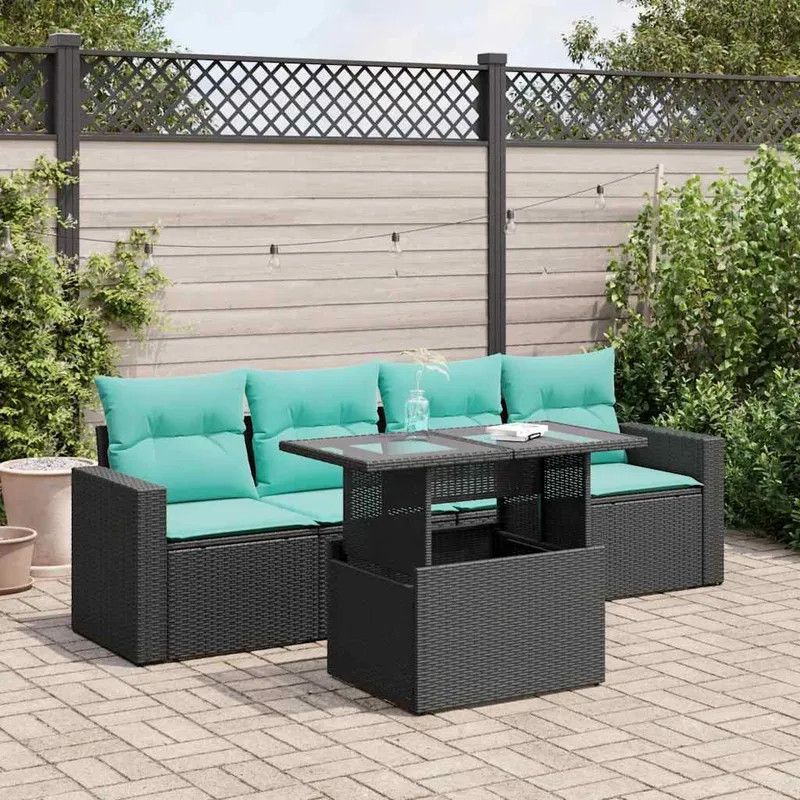 5tlg. Garten-Sofagarnitur mit Kissen Schwarz Poly Rattan Akazie