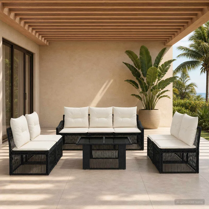 set divano da giardino 8 pz. nero e bianco crema polyrattan