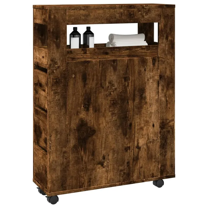 Badschrank Schmal mit Rollen Räuchereiche derivato del legno