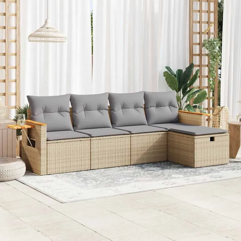 5-tlg. garden sofa set with cushions Beige Poly Rattan