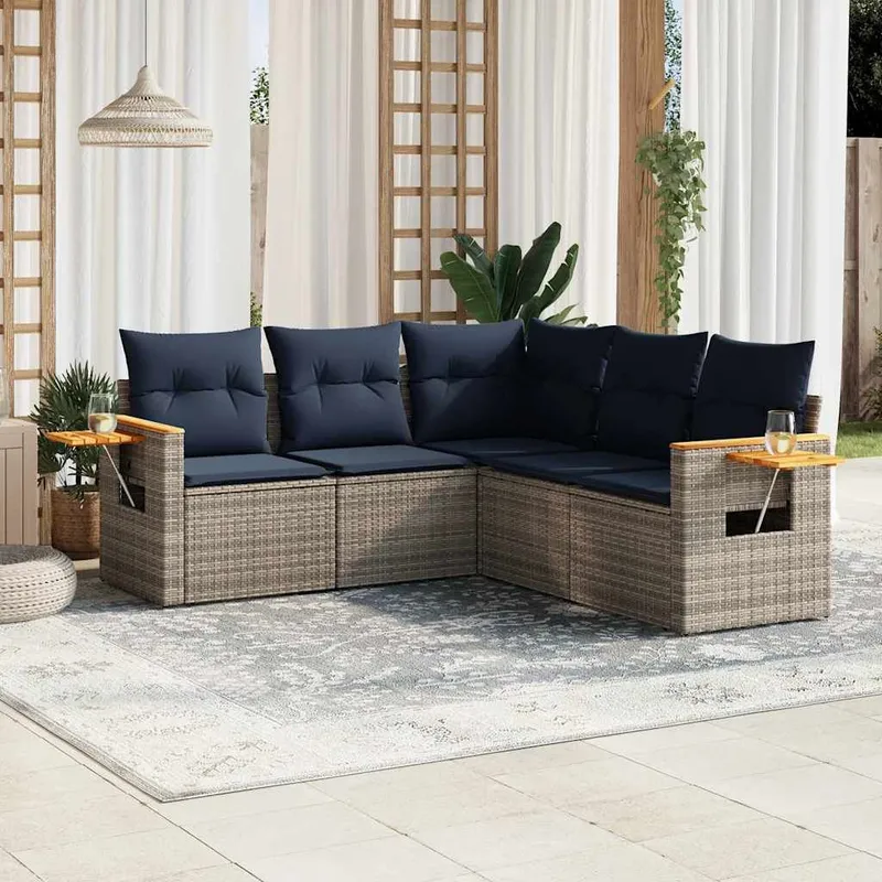 Salon de jardin 5 pcs avec coussins gris résine tressée