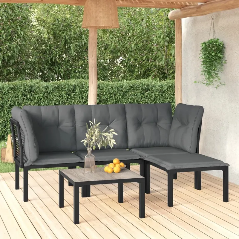 5 pz. Garten-Lounge-Set nero e grigio Poly Rattan
