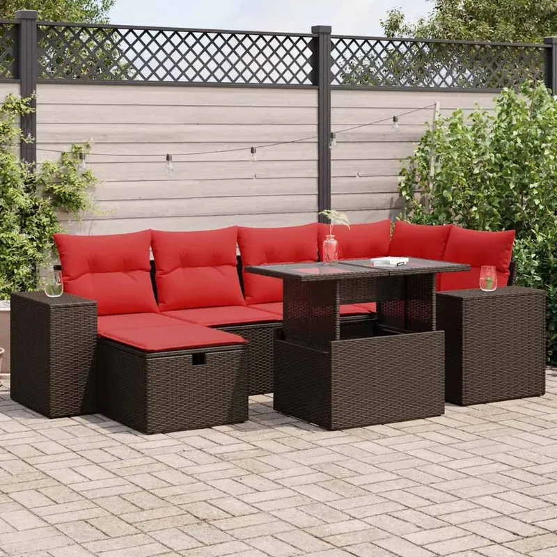 7-tlg. Garten-Sofagarnitur mit Kissen Schwarz Poly Rattan