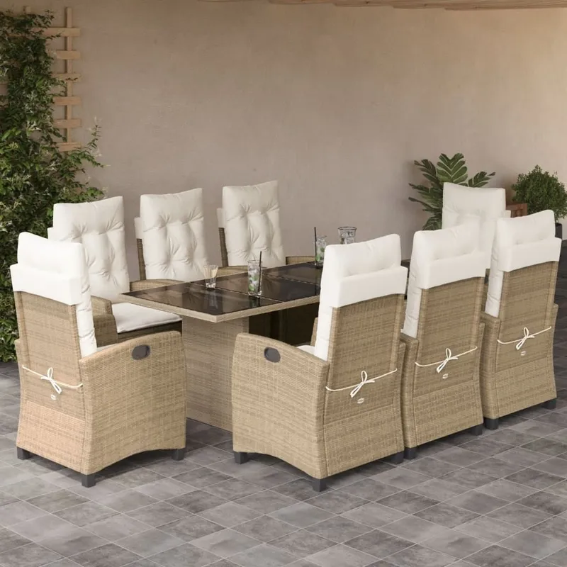 Ensemble à manger de jardin et coussins 9 pcs beige Poly rotin