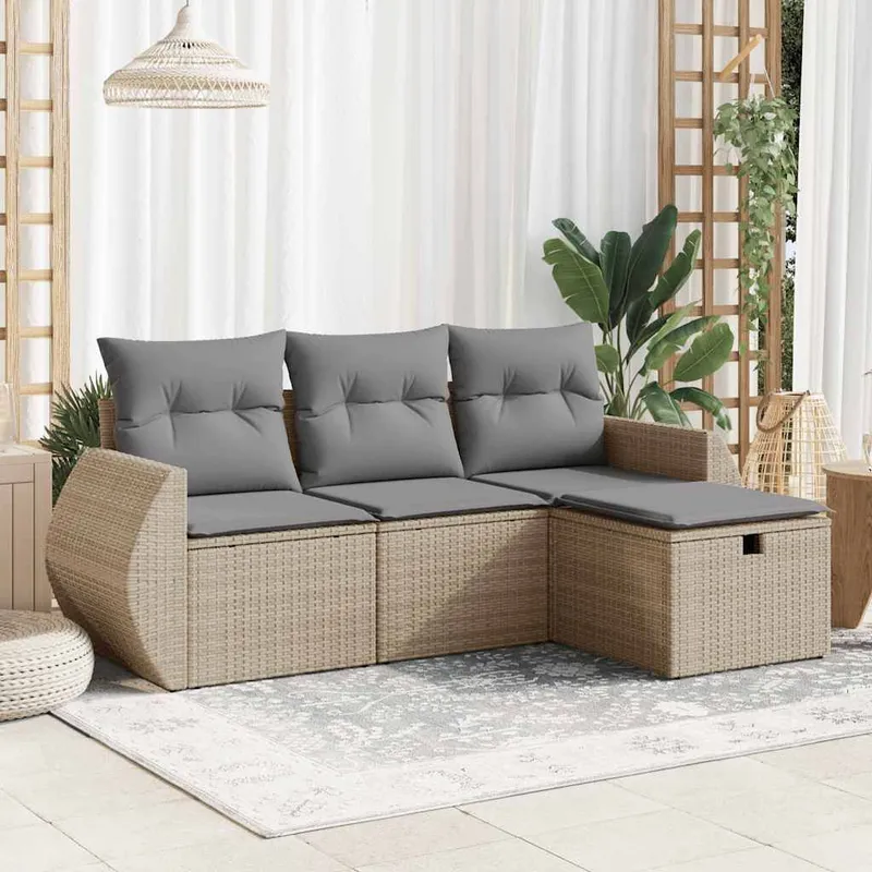 4-tlg. set divano da giardino con cuscini Beige Poly Rattan