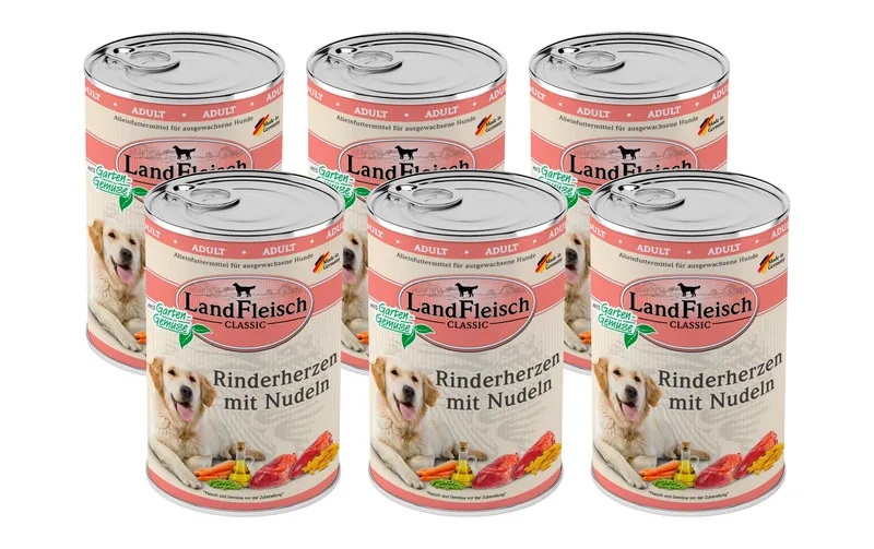 LandFleisch Nassfutter Classic Rinderherzen mit Nudeln, 6 x 400 g