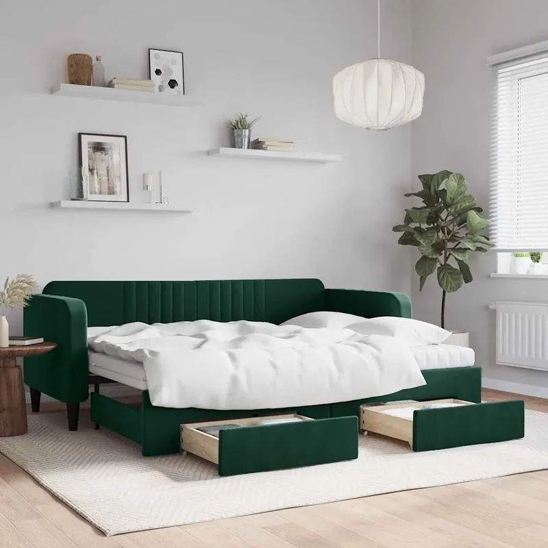 day bed Ausziehbar with drawers dark green 80x200 cm velvet