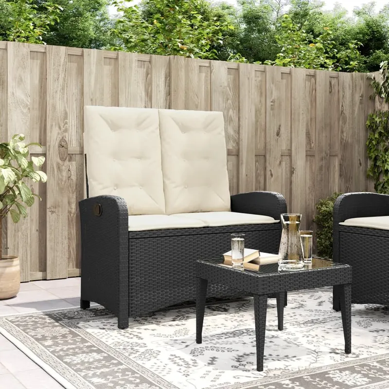 Gartenbank Verstellbar mit Kissen black Poly Rattan