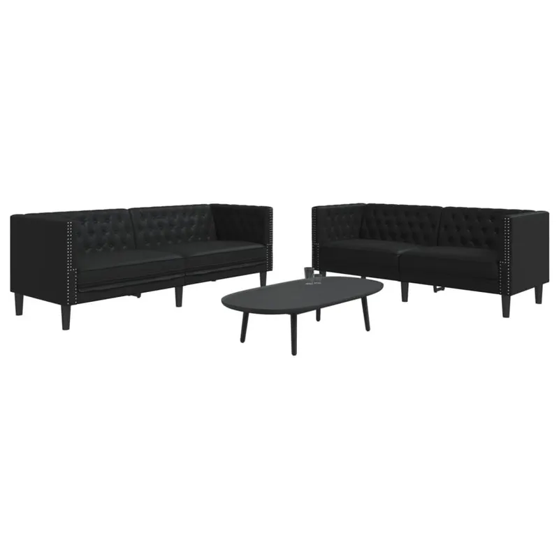 Set Divano Chesterfield 2 Pezzi Nero in Similpelle