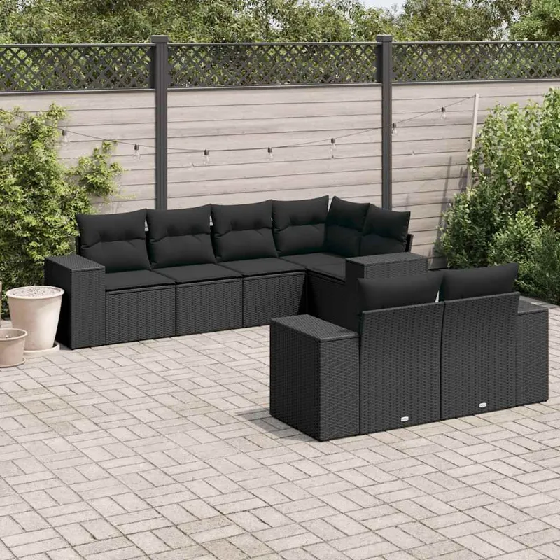 7-tlg. garden sofa set with cushions black Poly Rattan