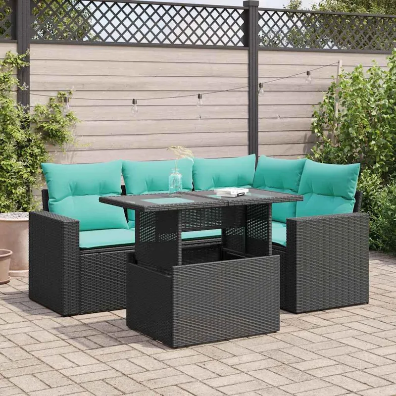 Set Divano da Giardino 5 pz con Cuscini, Rattan Sintetico Nero e Acacia