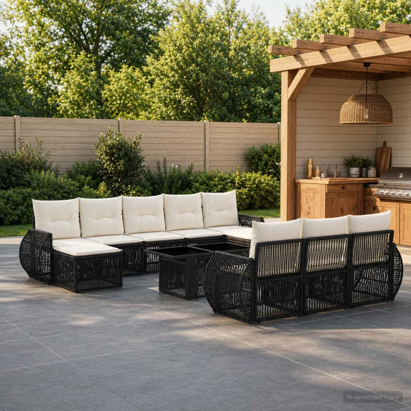 Gartensofa-set 11 stk. Schwarz und Cremeweiß Poly-Rattan